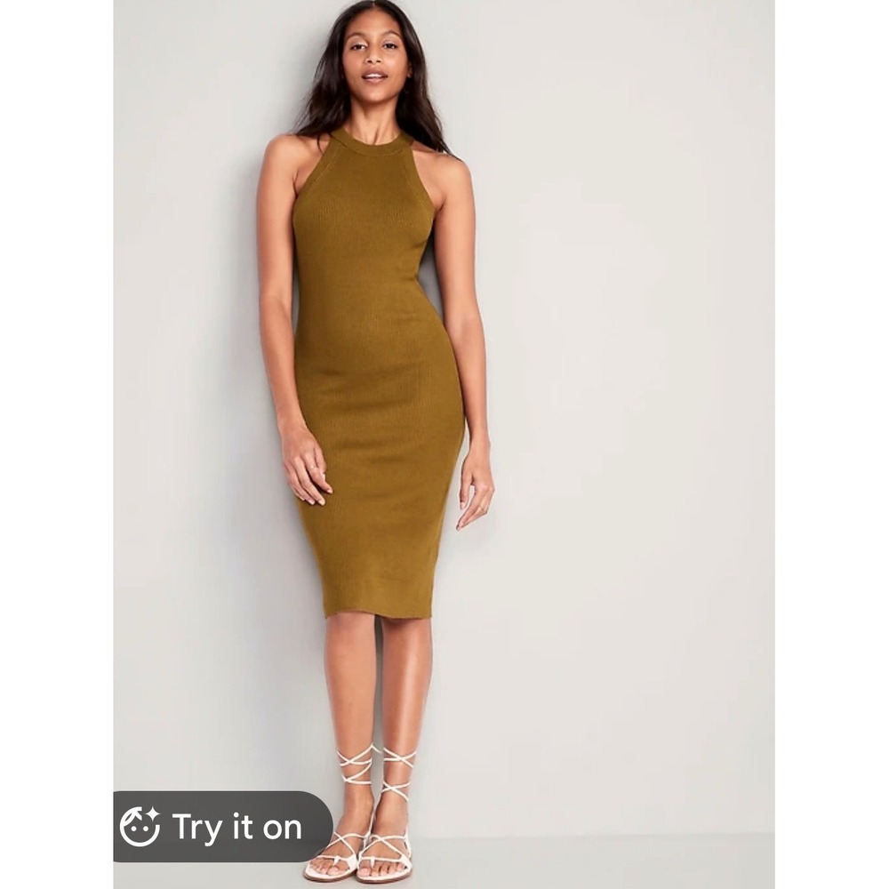 Old Navy Womens 2X Brown Rib-Knit Sleeveless Halter Neck Midi Dress Cognac